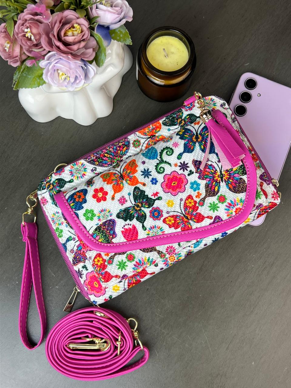 PORTACEL/CARTERA DOBLE CIERRE YUTE MARIPOSAS COLORES F BLANCO