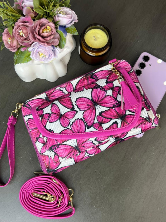 PORTACEL/CARTERA DOBLE CIERRE YUTE MARIPOSAS FIUSHA F BLANCO