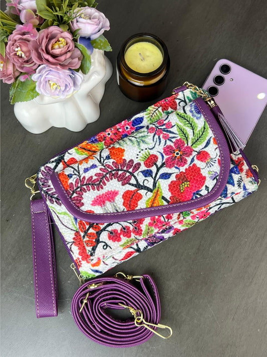 PORTACEL/CARTERA DOBLE CIERRE YUTE FLORES ROJO F BLANCO