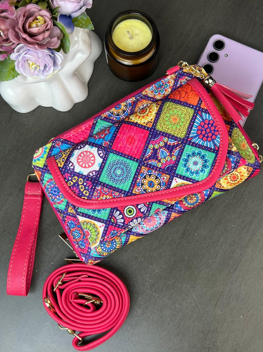 PORTACEL/CARTERA DOBLE CIERRE YUTE CUADROS COLORES
