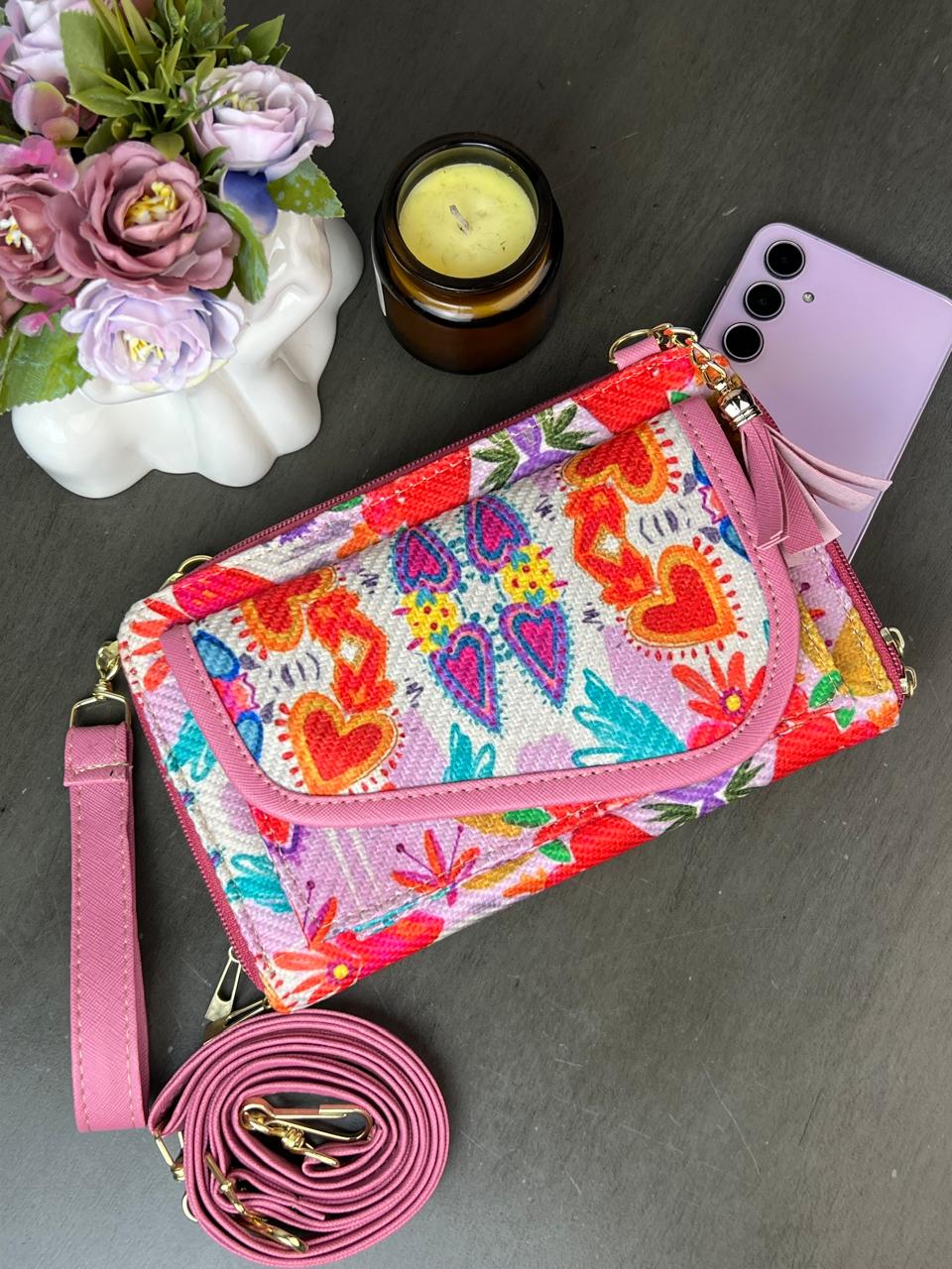 PORTACEL/CARTERA DOBLE CIERRE YUTE CORAZONES ROSA F BLANCO
