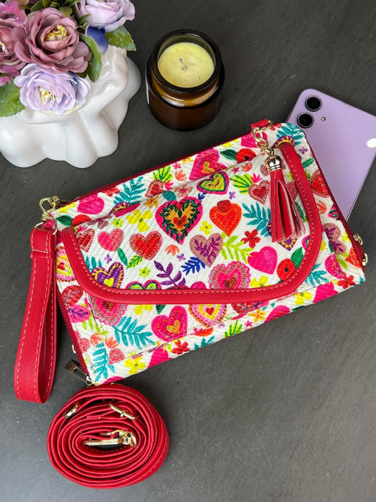 PORTACEL/CARTERA DOBLE CIERRE YUTE CORAZONES ROJO F BLANCO
