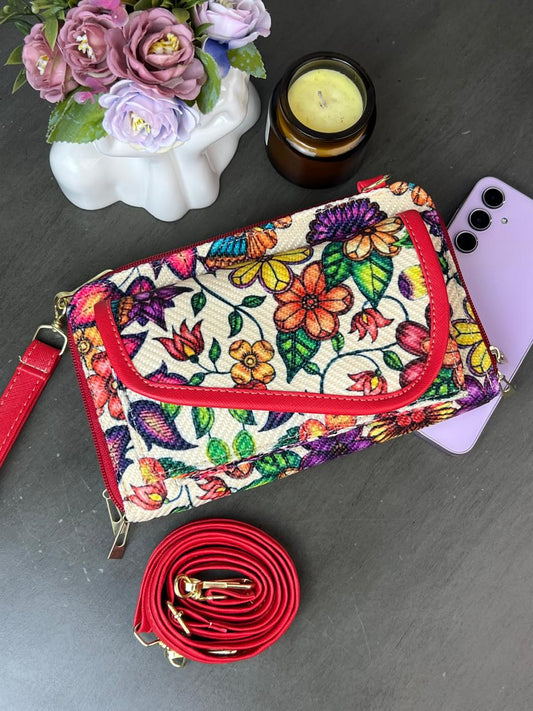 PORTACEL/CARTERA DOBLE CIERRE YUTE FLORES ROJO F BEIGE