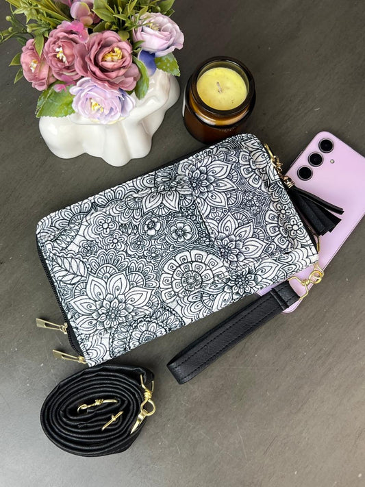 PORTACELULAR/CARTERA YUTE VERTICAL MANDALAS BLANCO/NEGRO