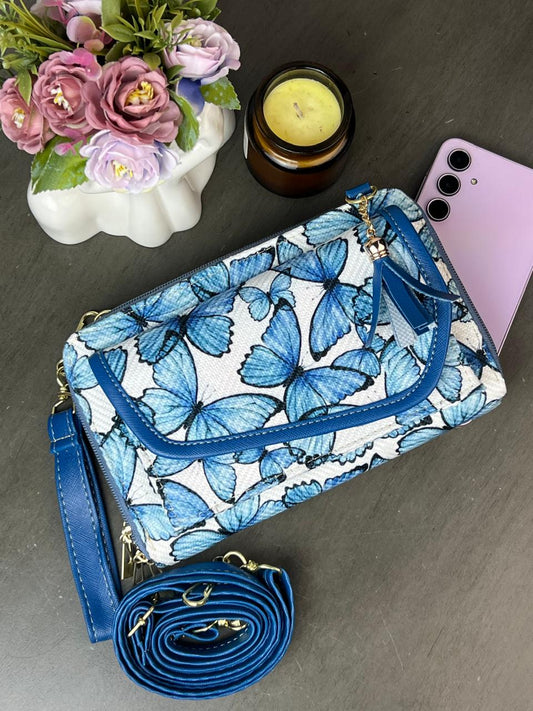 PORTACEL/CARTERA DOBLE CIERRE YUTE MARIPOSAS CELESTE F BLANCO