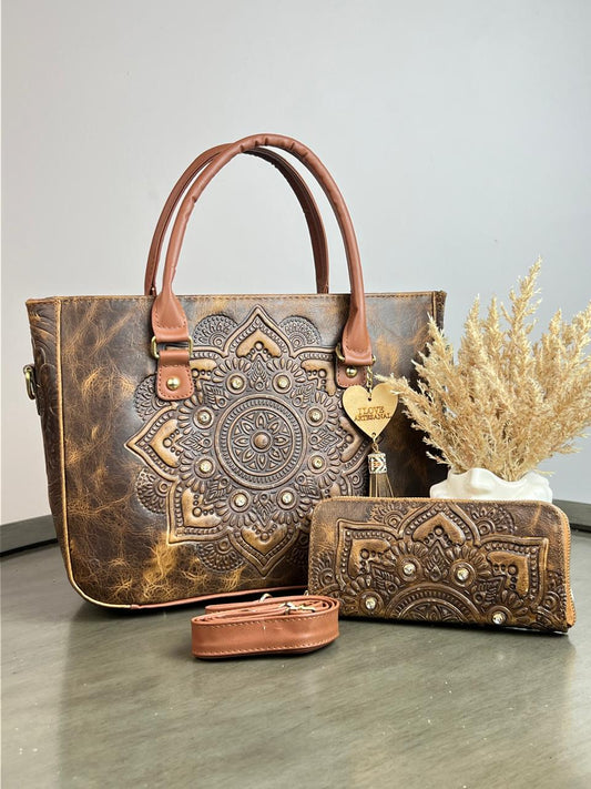 DUO MANDALA PIEL GRASO CON CARTERA CHOCOLATE AVEJENTADO