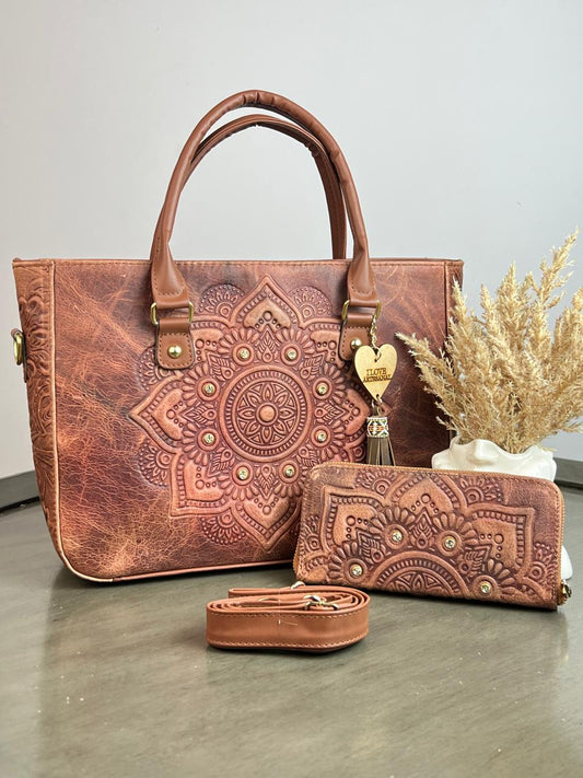 DUO MANDALA PIEL GRASO CON CARTERA COÑAC