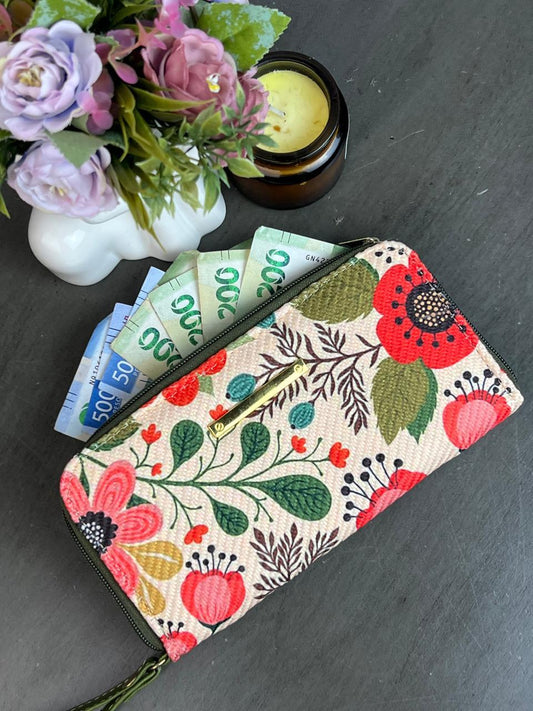 CARTERA YUTE FLORES ROJO Y OLIVO F BEIGE
