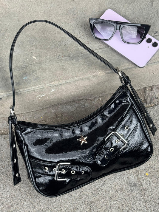 BOLSO FREYA NEGRO CHAROL ARRUGADO H/PLATA