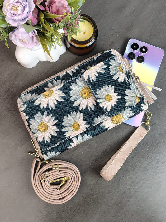 PORTACELULAR/CARTERA YUTE VERTICAL MARGARITAS BLANCO F VERDE