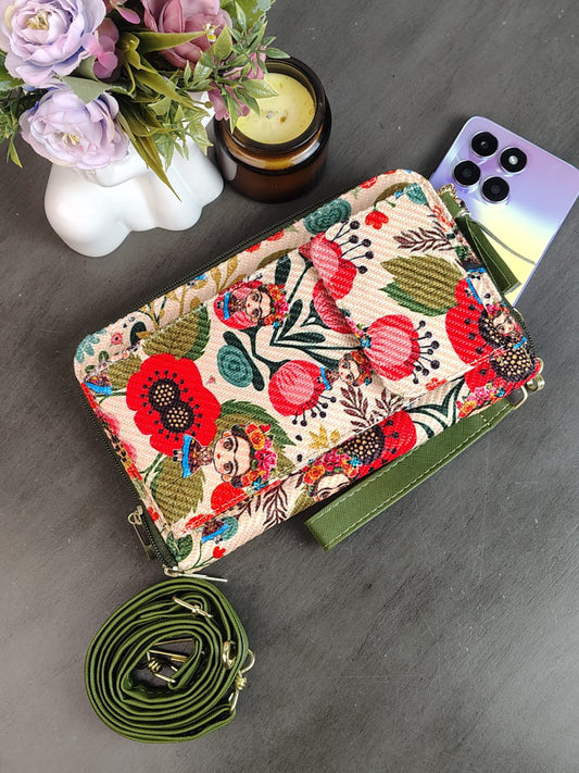 PORTACELULAR/CARTERA YUTE VERTICAL FRIDAS Y FLORES COLORES F ARENA