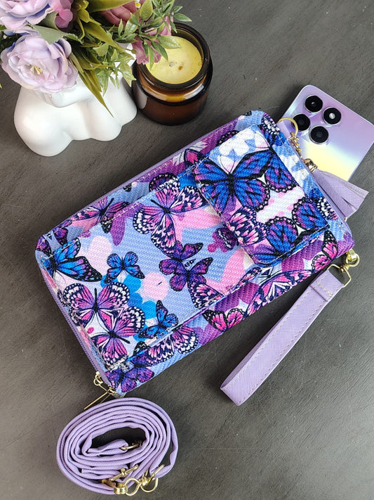 PORTACELULAR/CARTERA YUTE VERTICAL MARIPOSAS MORADO