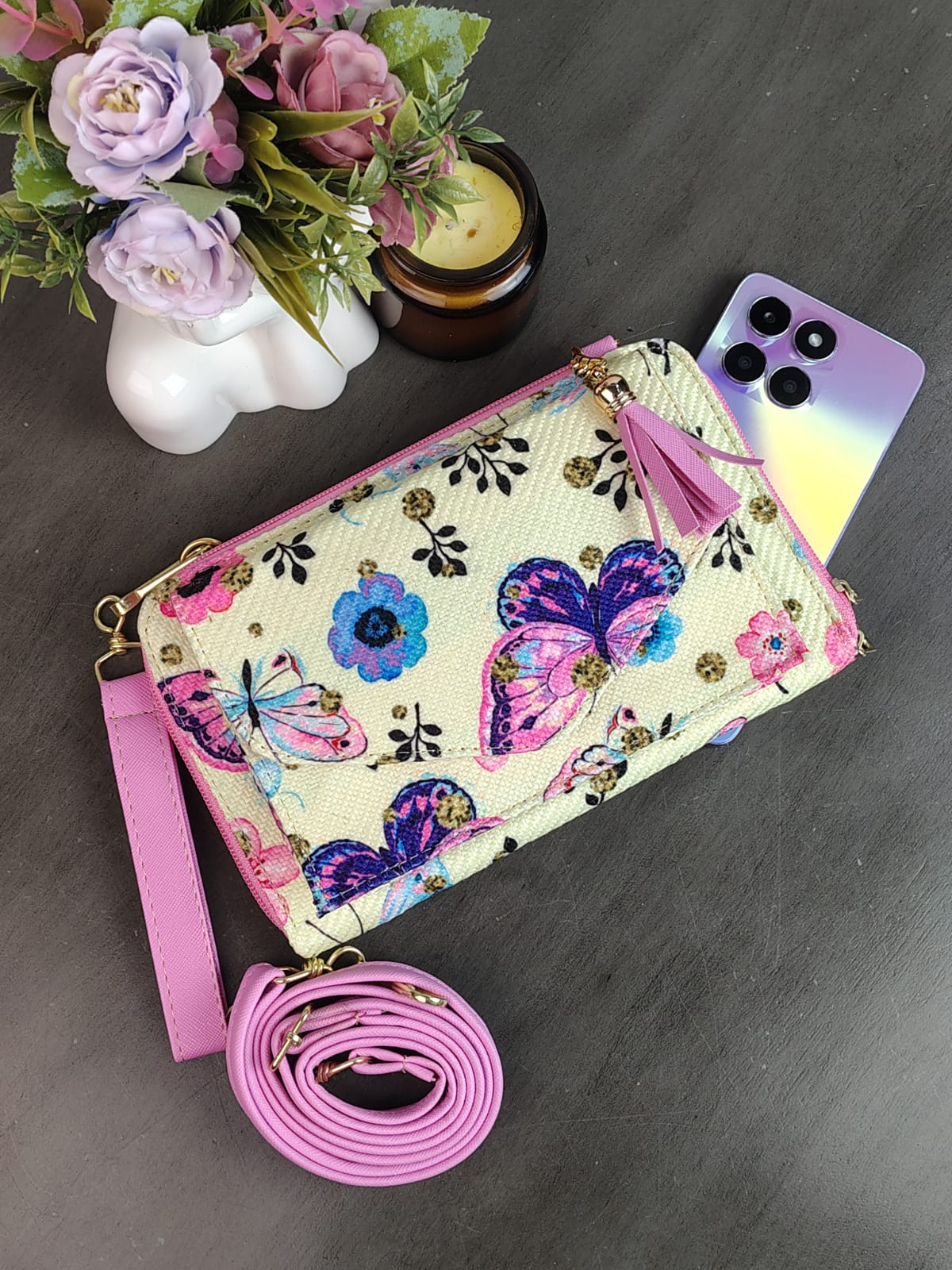 PORTACELULAR/CARTERA YUTE HORIZONTAL MARIPOSAS ROSA/F BEIGE