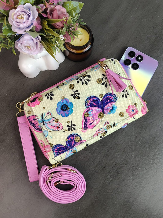 PORTACELULAR/CARTERA YUTE HORIZONTAL MARIPOSAS ROSA/F BEIGE