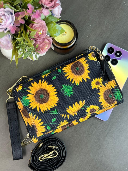 PORTACELULAR/CARTERA YUTE HORIZONTAL GIRASOLES AMARILLO F NEGRO
