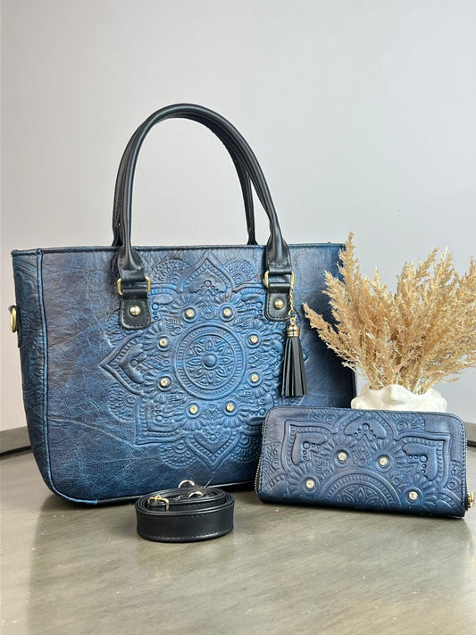 DUO MANDALA PIEL GRASO CON CARTERA AZUL ELECTRICO