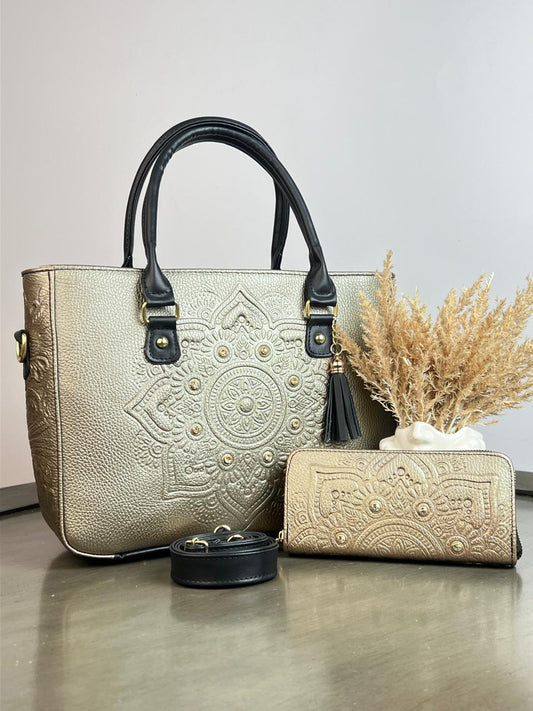 DUO MANDALA PIEL GRASO CON CARTERA DORADO TEXTURA