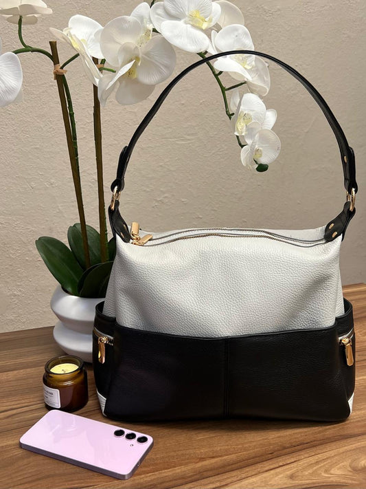 BOLSO PIEL SUIZA HUESO/NEGRO