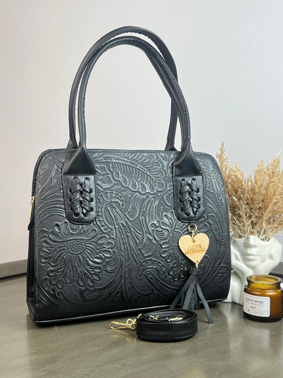 BOLSA YARA PIEL DE FLORES NEGRO