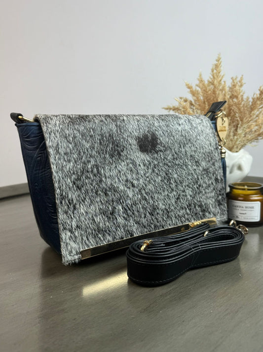 CROSSBODY VIANNEY TAPA PELO GRIS/PIEL AZUL ELECTRICO