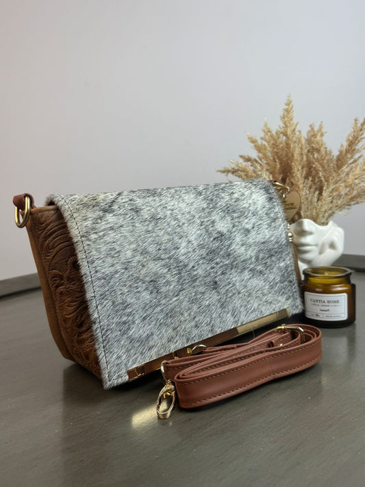 CROSSBODY VIANNEY TAPA PELO GRIS/PIEL COÑAC