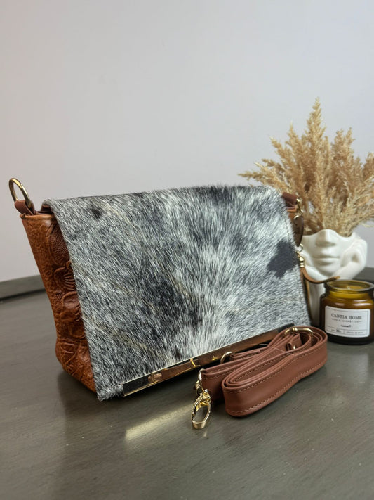 CROSSBODY VIANNEY TAPA PELO GRIS/PIEL CAMEL