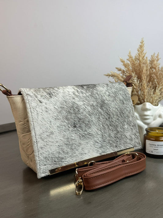 CROSSBODY VIANNEY TAPA PELO GRIS/PIEL LATTE
