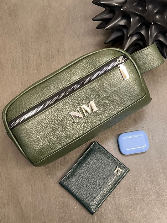 NECESER HOMBRE 100% PIEL VERDE MILITAR