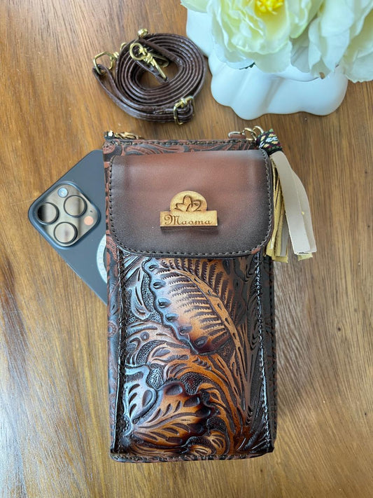 MAOMA PORTACELULAR FLORES CAMEL DELINEADO MARRON
