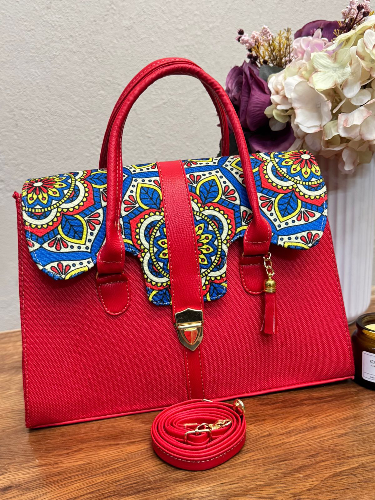 BOLSO MALETIN YUTE ROJO/AZUL TAPA MANDALAS FONDO COBALTO