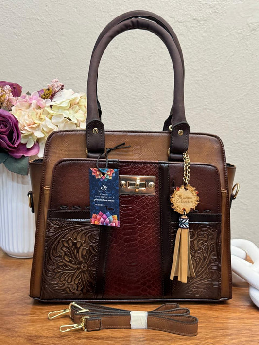MAOMA GDE FANY FRANJA VERTICAL VIBORA Y GRABADO MARRON/CAMEL