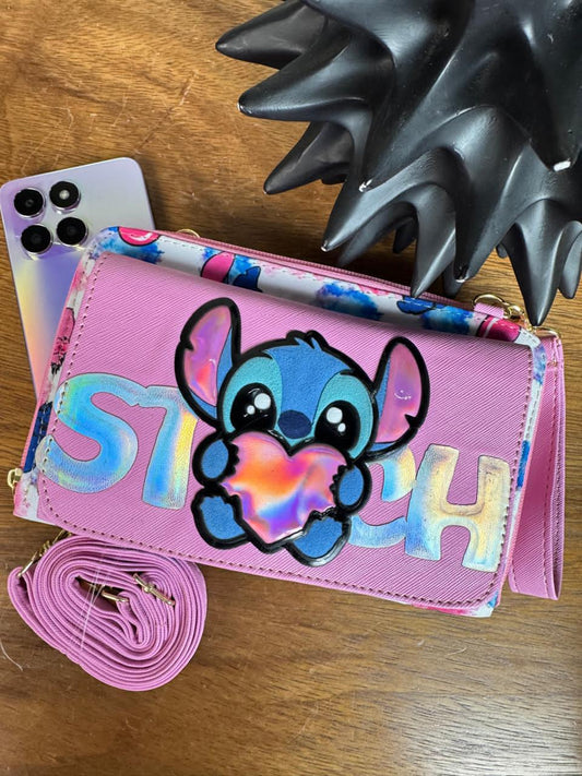 PORTACELULAR PERSONAJES STITCH CORAZON ROSA PASTEL/BLANCO