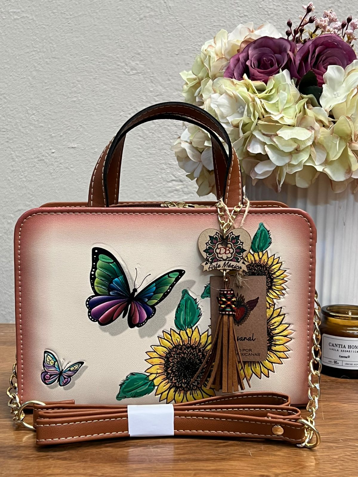 DB CROSSBODY MARIPOSA-GIRASOLES HUESO