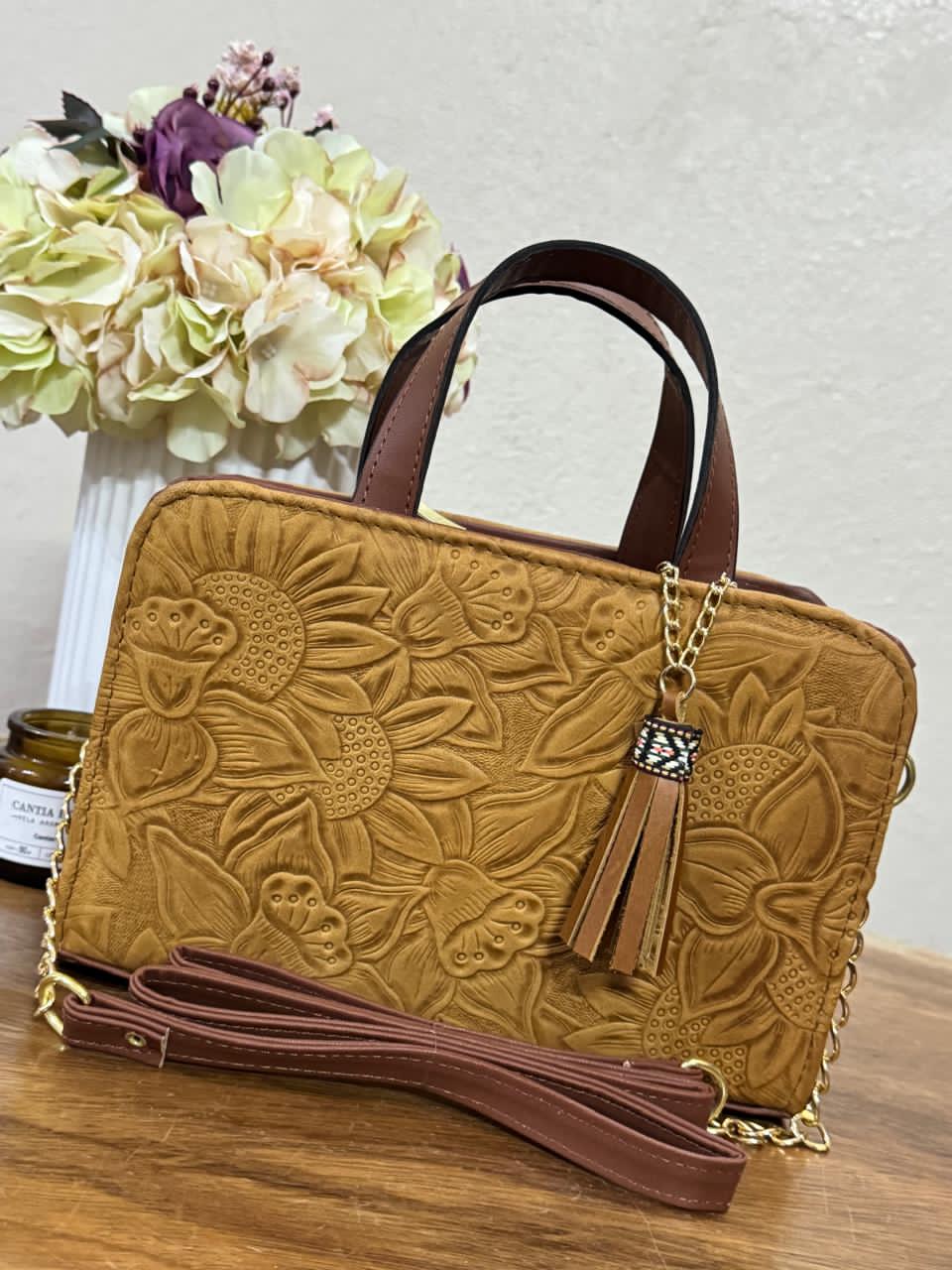 CROSSBODY DOBLE CARA GIRASOLES MIEL