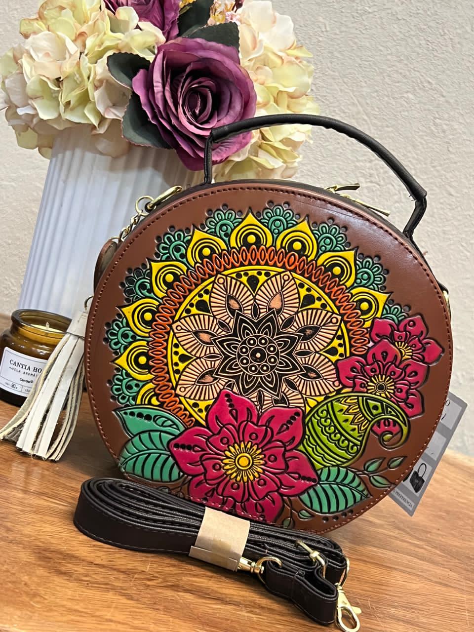 CIRCULAR ARTESANAL GRABADO MANDALA CAMEL/COLORES