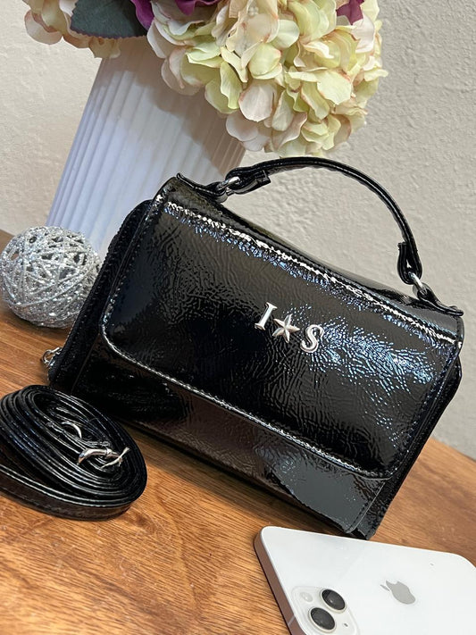 POCKET BAG NEGRO CHAROL ARRUGADO H/PLATA