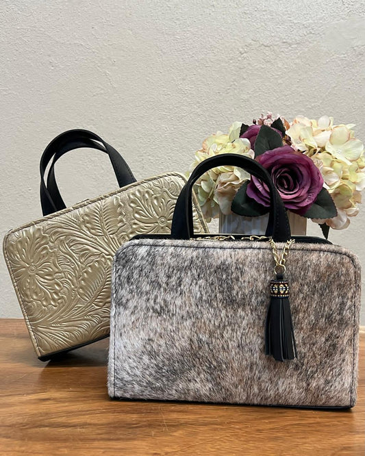 CROSSBODY DOBLE CARA PELO VARIABLE-PIEL DORADO
