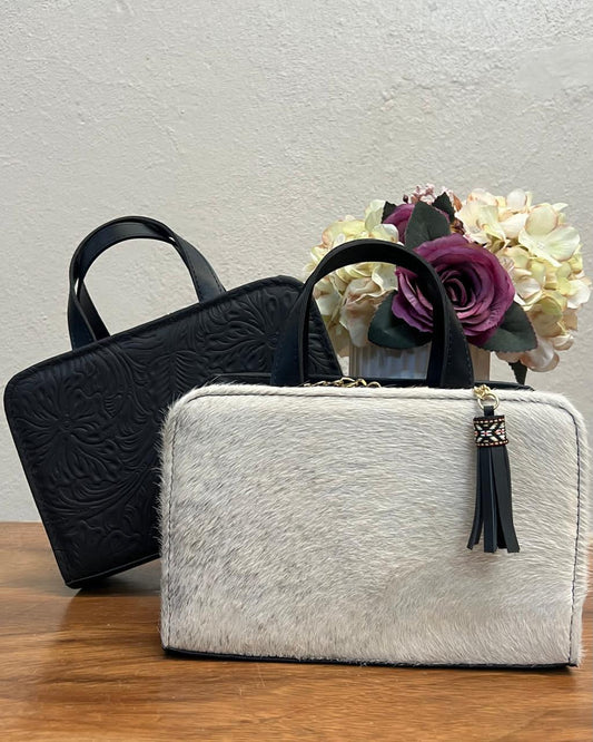 CROSSBODY DOBLE CARA PELO VARIABLE-PIEL NEGRO MATE