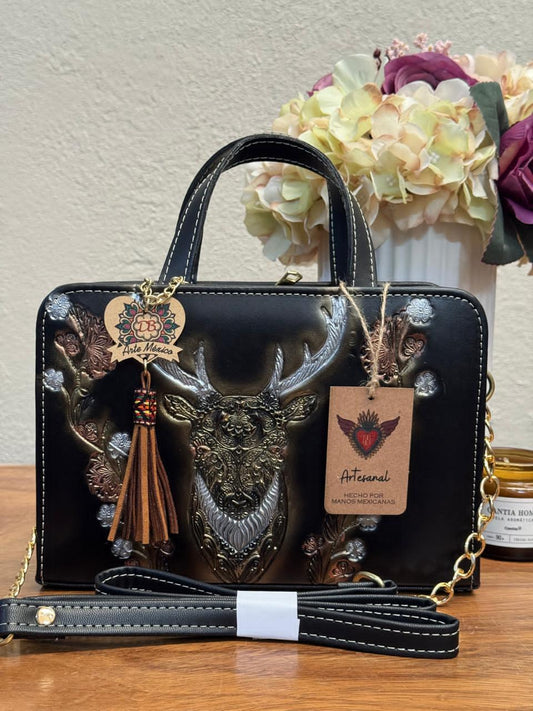 DB CROSSBODY VENADO NEGRO PLATA-DORADO