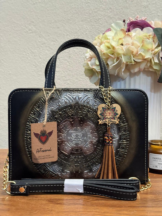 DB CROSSBODY CALENDARIO AZTECA NEGRO PLATA-DORADO