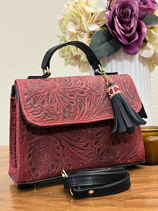 DELIA 2 PIEL GRASO GRABADO FLORES ROJO QUEMADO