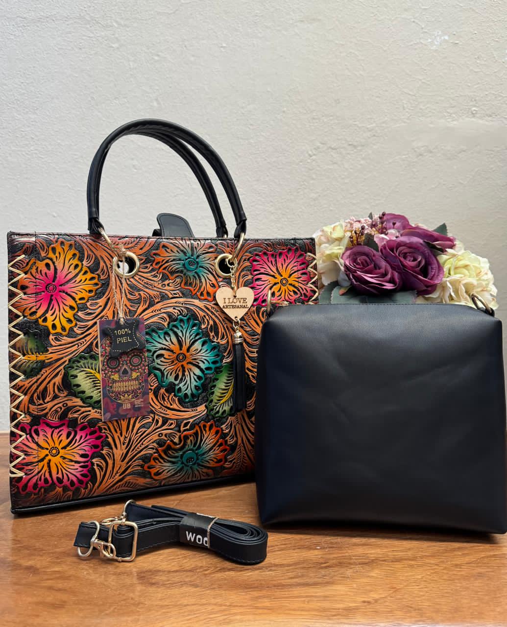 UB DUO ARTESANAL COMBO FLORES COLORES PIEL NEGRO