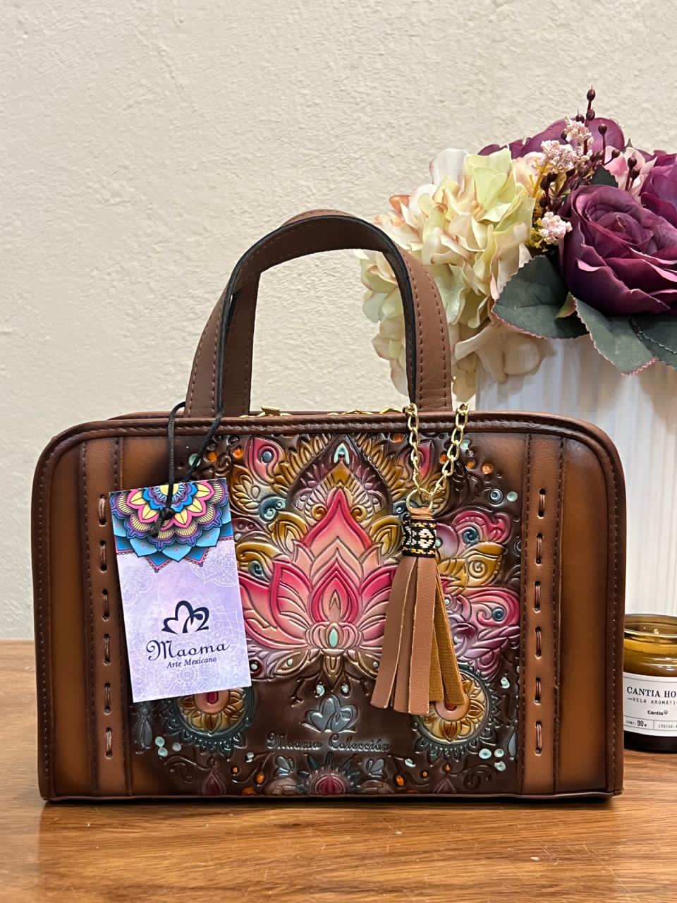 MAOMA CROSSBODY TABATA FLOR DE LOTO COLORES-PIEL MARRON