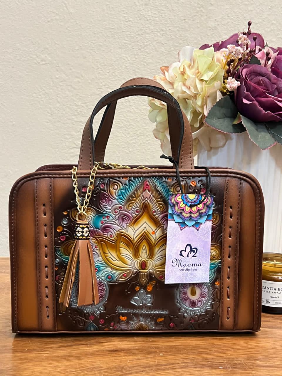 MAOMA CROSSBODY TABATA FLOR DE LOTO COLORES-PIEL MARRON
