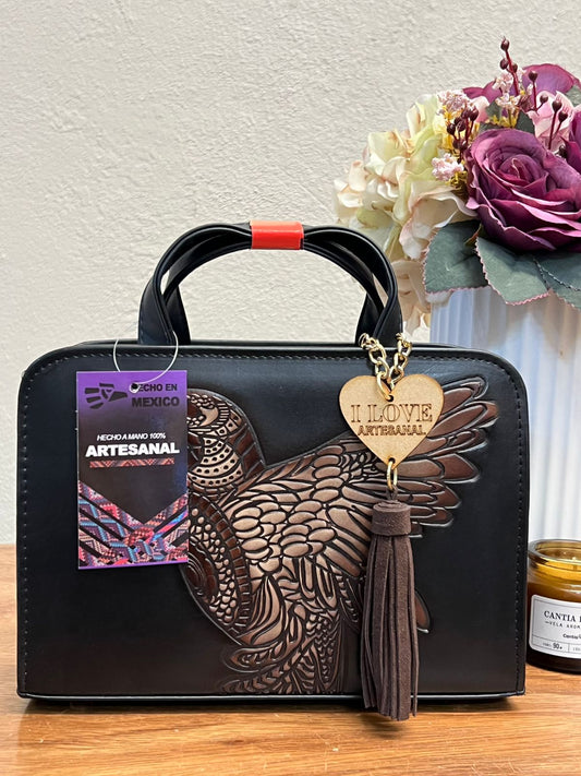 CROSSBODY ARTESANAL TANIA GRABADO COLIBRI NEGRO/CAFE