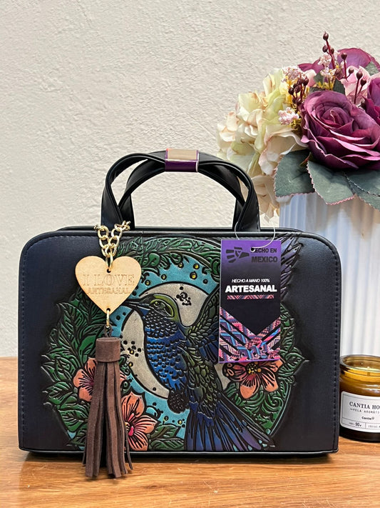 CROSSBODY ARTESANAL TANIA GRABADO COLIBRI NEGRO/COLORES