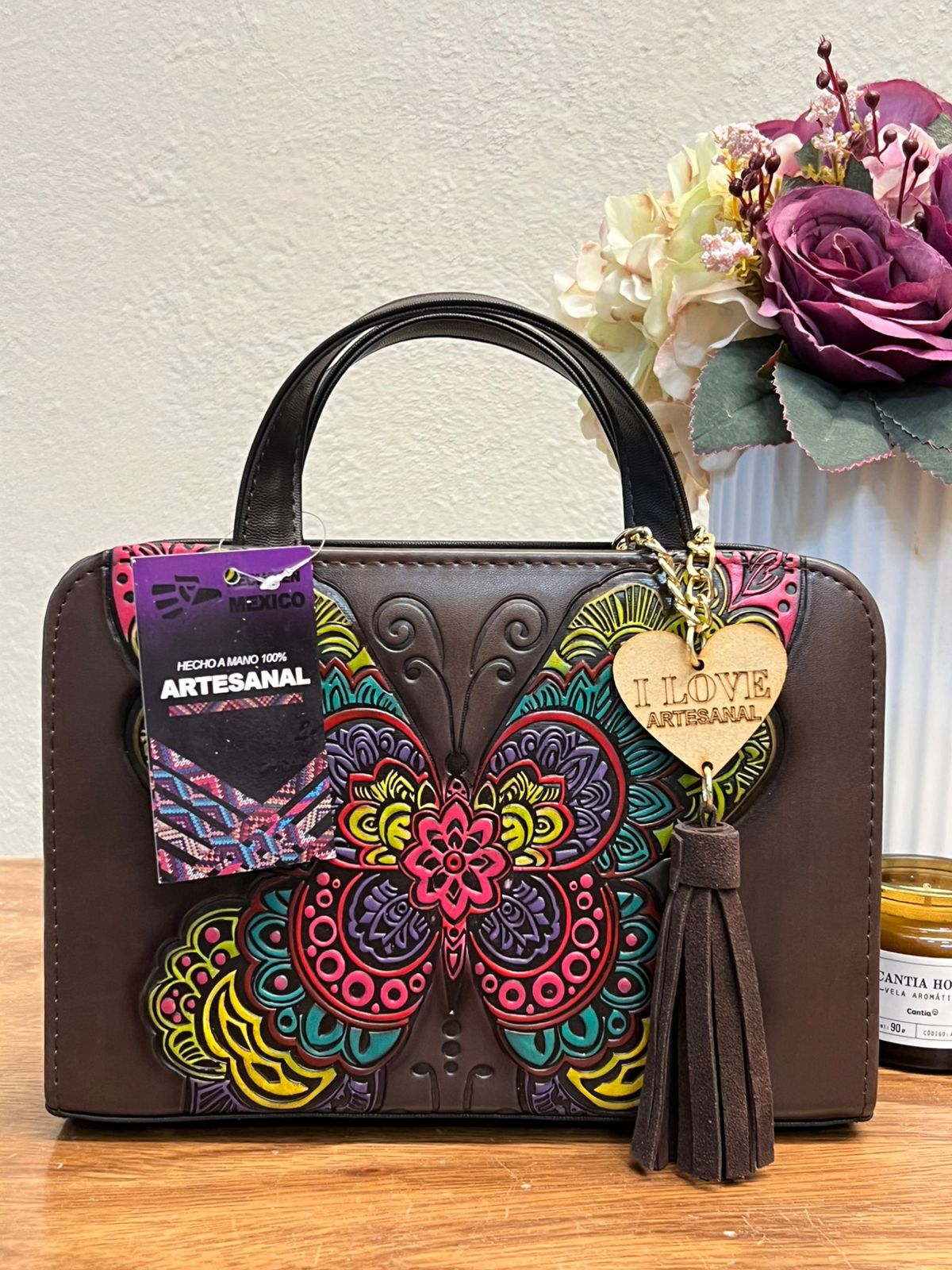 CROSSBODY ARTESANAL TANIA GRABADO MARIPOSA CAFE