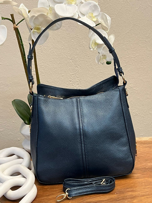 BOLSO 100% PIEL PARIS AZUL METALICO