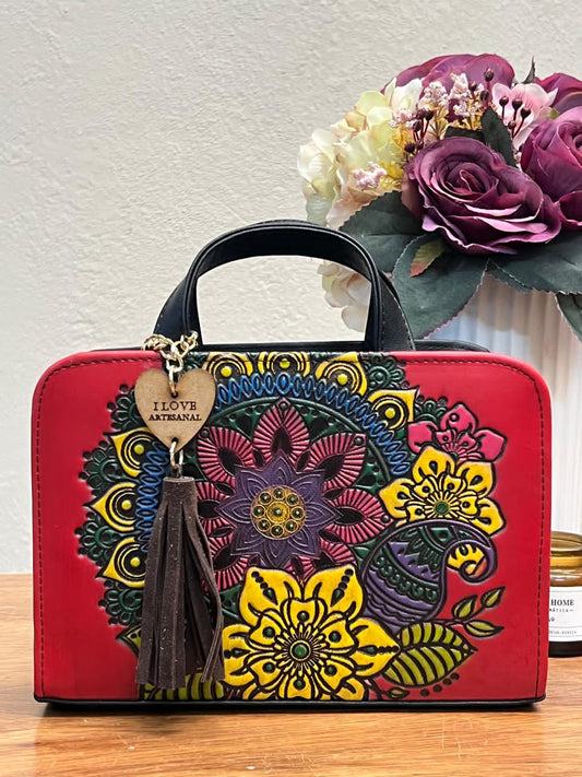 CROSSBODY ARTESANAL TANIA GRABADO MANDALA ROJO/COLORES