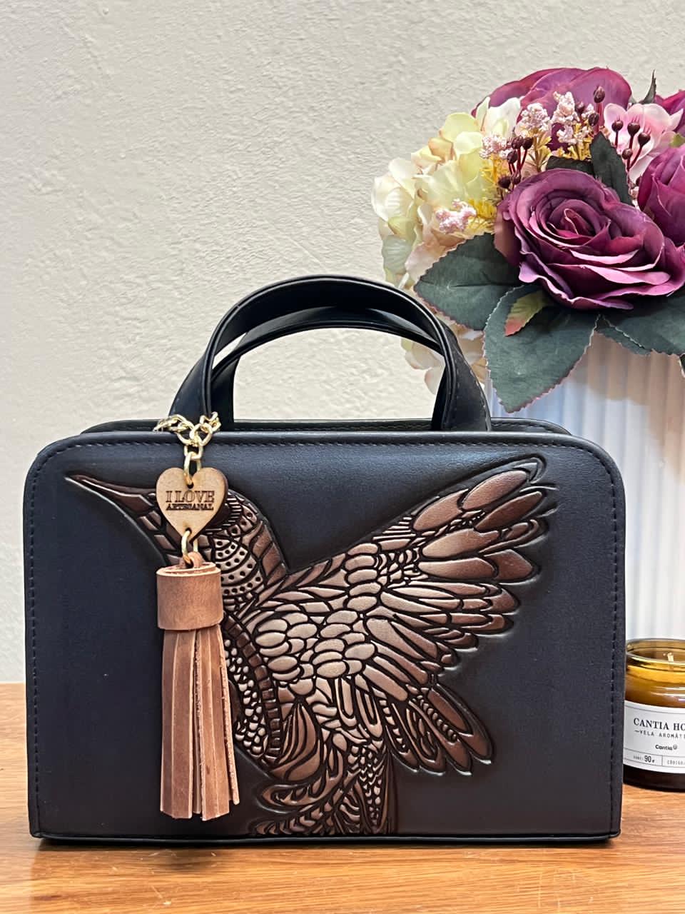 CROSSBODY ARTESANAL TANIA GRABADO COLIBRI NEGRO/CAFE